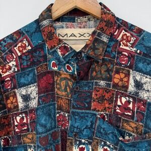 Vintage MAXX Shirt Mens‎ Medium Short Sleeve Abstract Patchwork Print Button Up